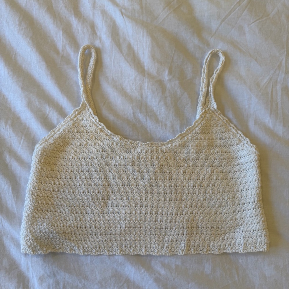 aerie 100% Cotton Knit Crochet Cami Crop Tank Top Size M Cream